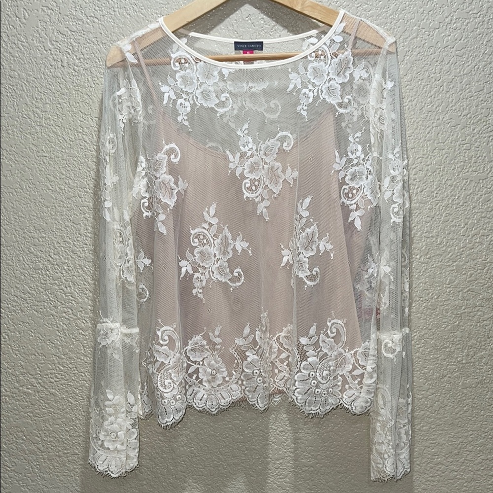 Vince Camuto White Tan Embellished Blouse